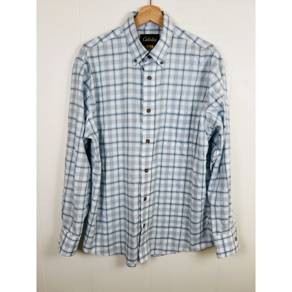 Cabelas Mens Large Plaid Button Down Shirt Wrinkle Free 100% Cotton White Blue